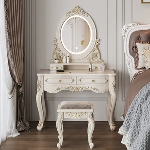 Mobiletto Laterale Bianco Stile Europeo, <span class=keywords><strong>Tavolo</strong></span> da <span class=keywords><strong>Trucco</strong></span> Intelligente in Legno, Arredo Camera da Letto con <span class=keywords><strong>Specchio</strong></span>, 4 Cassetti e Sedia, Toeletta - Product Image 1