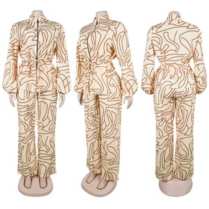 Elegant Commuting Stand Collar Printed Drawstring Waist Long-sleeve Women's Two-piece <b>Pants</b> Set Fashion - Product Image 6