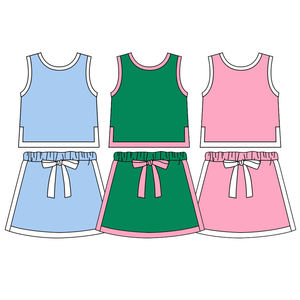 Précommande MOQ 5 Pyjamas d'été pour petites filles couleur unie en coton biologique et élasthanne, col doux, logo, vente en gros, mode enfantine - Product Image 1