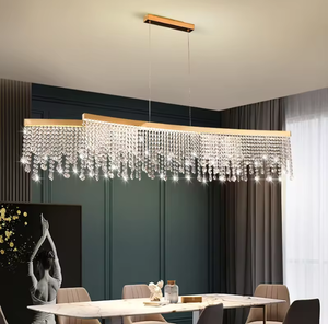 Luz colgante rectangular creativa posmoderna, lámpara de araña de cuentas de cristal de lujo dorado - Product Image 1