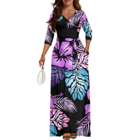 Robe longue maxi polynésienne personnalisée pour femme, manches trois quarts, ceinture, poches, grande taille, pour vacances à la plage