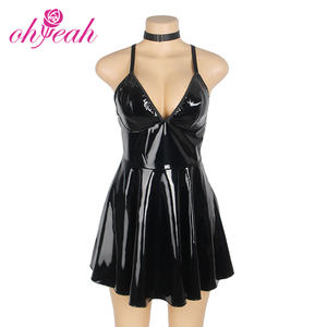 Fetish Fashion Wet Look Faux Leather Nightdress Roleplay Lencería Curve Shine Nightgown Vestidos de cuero para damas - Product Image 6