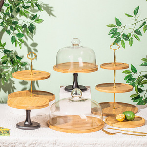 Ensemble de supports à gâteaux Lu Zhi Jiang, plateau de présentation en bois avec dôme en verre pour desserts, décorations de table de fête, style simple - Product Image 3