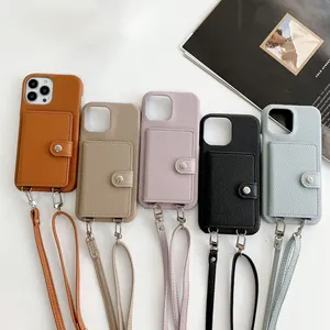 SY Leather Crossbody Necklace Lanyard Camera Lens Wallet Card Soft Phone case For iPhone 15