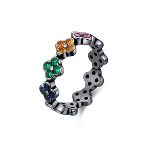 S925 Silver Flower Shape <b>Ring</b> Black Rhodium Plated <b>Crystal</b> Rhinestone Bezel Setting Unisex Cute Everyday Wear - Product Image 1