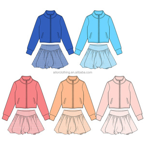 Wholesale Kids Yoga <b>Clothing</b> <b>Set</b> Zip Up Long Sleeve Top and Matching Checked Skirt for <b>Girls</b> - Product Image 3