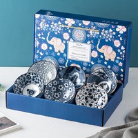 Ensemble de bols en céramique bleu et blanc, style bohème, ustensiles, passe au micro-ondes, design minimaliste japonais, option de logo personnalisé, en stock, boîte cadeau