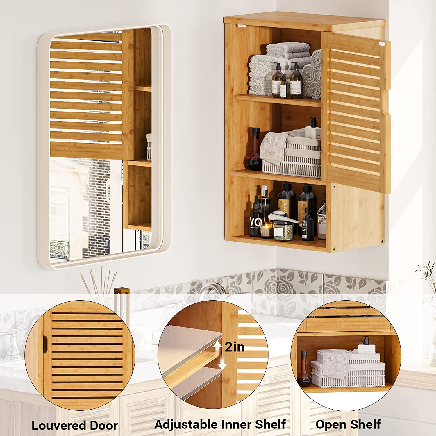 Rattan Wandschrank Für Bad & Küche - Mit Verstellbaren Regalen