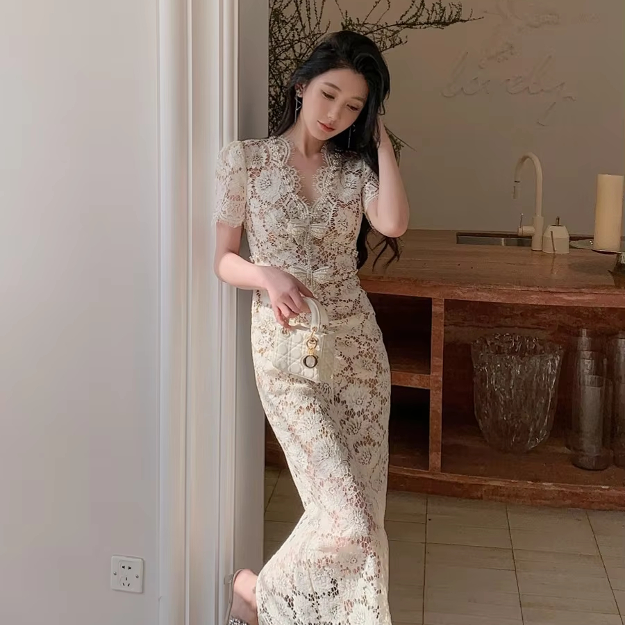 navy blue dress for baby girl High Quality Dress A-Line Short Sleeve Summer Floral Dress with Lace Beige  Solid V-neck Dresses Women Maxi for Party or Daily| Alibaba.com