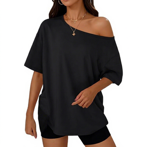 Women <b>Black</b> Oversized Off Shoulder T Shirt Casual Loose <b>Batwing</b> Short Sleeve Summer <b>Top</b> - Product Image 2