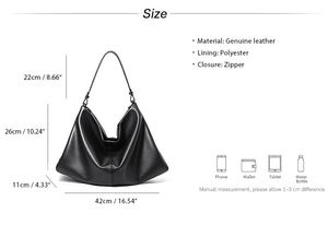 Sac Hobo en Cuir Véritable pour Femme, Grande Capacité, Sac à Bandoulière en Cuir de Vachette Fendu, Sac à Main Minimaliste et Décontracté - Product Image 2