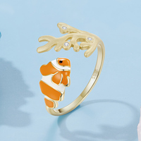 Anillo Abierto de Plata de Ley 925 con Diseño de Pez Payaso, Joyería Original con Temática Oceánica, Anillos Ajustables con Diseño de Pez Coral, Regalo de Playa para Mujeres y Niñas BSR760