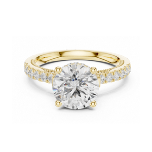 Anillo de Compromiso de Corte Redondo en Oro Amarillo con Halo Oculto, Anillo de Diamantes Estilo Vintage con Banda Milgrain Pave, Joyería Nupcial Elegante - Product Image 1