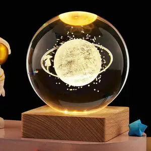 3D Crystal Ball Birthday Gift Solid Decoration Solar System Moon Round Wood Base Warm White Desk Lamp Night Light