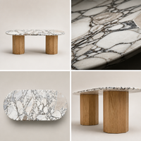 Table à manger haut de gamme moderne en marbre naturel avec piétement en chêne blanc, 6 places, mobilier de luxe pour hôtel et appartement