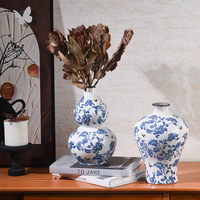 Vase en céramique de style chinois moderne, bleu et blanc, avec des fleurs en porcelaine craquelée, des fleurs séchées, hydroponie, sens avancé, ornements