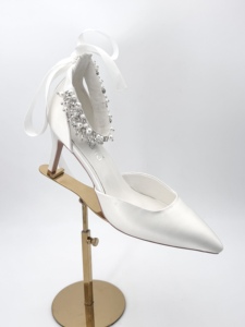 Manufacturer Elegant <b>White</b> Satin Leather Wedding Shoes High Quality Custom Ankle Peals High <b>Heels</b> Bridal Wedding Shoes for Women - Product Image 5