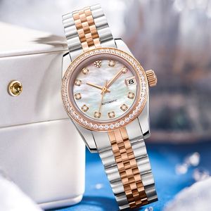 Montre Femme Automatique Mécanique Miyota 6T15 Étanche 50M avec Logo Personnalisé, Cadran en Nacre Naturelle, Lunette Sertie de Diamants - Product Image 3