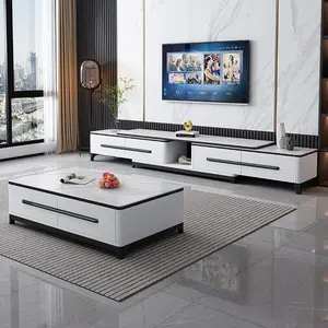 Muebles de sala de estar, mueble de TV, vitrina, soporte de TV, tablero de roca, mesa de centro blanca con cajones