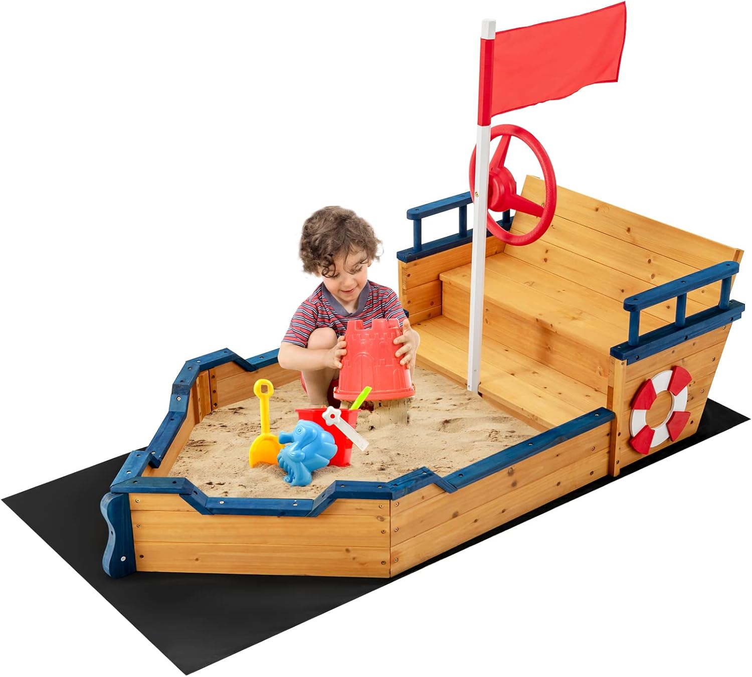 MASGAMES Parque Infantil Nautilus – Arenero Con Forma De Barco Y Timón, Pared De Escalada Y Tobogán Con Conector De Manguera, Para Jardín Exterior