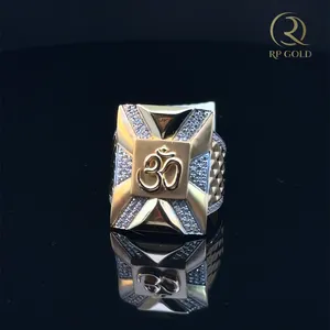 Gold om <b>ring</b> for men with diamond accents bold square design spiritual jewelry stylish <b>statement</b> <b>ring</b> for daily wear and gifting - Product Image 3