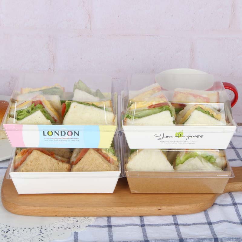 Custom Sandwich  Rectangle Bread Hot dog Kraft Paper food packaging disposable treat cake box with clear plastic lid