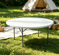 Table Ronde Mobile en Plastique Moon Wholesale 180 cm, Surface Intégrale Non Cassable, Support Métallique Pliable pour Événements Quotidiens