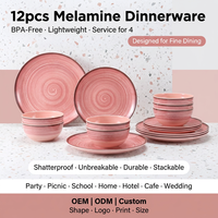 Service de vaisselle en mélamine rose personnalisé OEM ODM avec logo, 12 pièces, assiettes et bols pour mariage, banquet, fête, événement, passe au lave-vaisselle