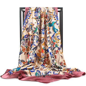 Bayan büyük kare Polyester eşarp bej çok renkli kuş çiçek desen boyun baş aşınma dekorasyon - Product Image 1