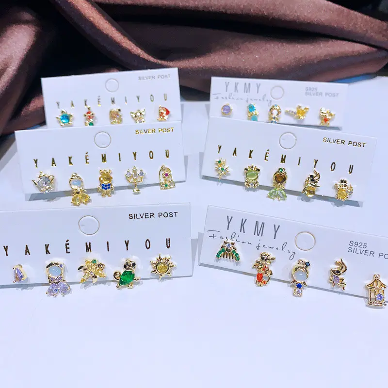 New Fashion Jewelry Needle Cute Cartoon Princess Earrings Set Brass Zircon Stud Earrings Cute Earings Gold 925 Silver for Kids