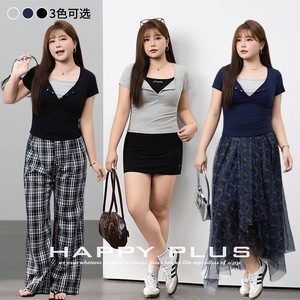 เสื้อยืดแขนสั้นผู้หญิงรันฉีเสื้อถักสีดำแต่งกระดุม ไซส์ L - Product Image 2