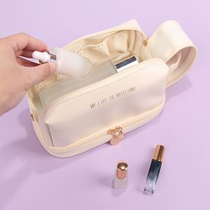 Waterproof Simple Cosmetics Bags Fashion Double Zipper Handle Bag Soft Portable Toiletries Pouch <b>Washbag</b> PU Leather Make up Bag - Product Image 2