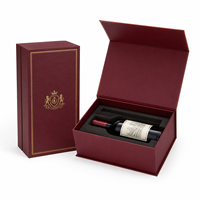 Boîte cadeau de luxe pour vin en similicuir bordeaux, forme livre, carton rigide gris, gaufrage à chaud doré, insert en mousse EVA