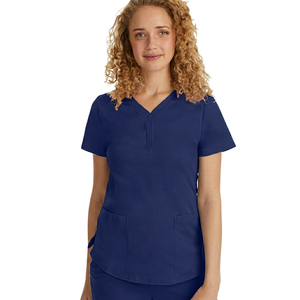 Unisex Navy Blue <b>Scrub</b> <b>Top</b> Short Sleeve V-Neck Two Pockets Hospital Uniform Knitted Breathable Comfortable Polyester - Product Image 1