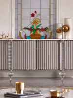Meuble d'appoint moderne de luxe, console de rangement géométrique irrégulière, pieds en cristal, bois écologique, buffet de salle à manger beige