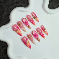 Lot de 10 faux ongles stiletto rose vif faits à la main avec breloques étoile de mer dorée et perle, luxe, à presser, taille moyenne