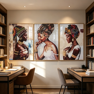 wholesale Custom Luxury Ethnic African Lady Wall Art 3 Panel Gold Jewelry Portrait Home Decor Crystal Porcelain <b>Painting</b> - Product Image 1