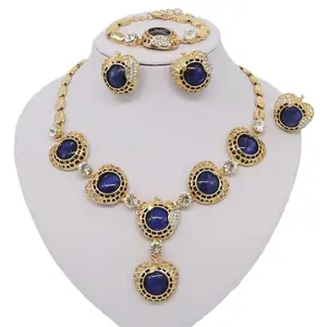 Yulaili Wholesale Jewelry Set Cuban chain New Design Natural Blue Stone Crystal Bridal Necklace Earrings Bangle Ring Jewelry Set