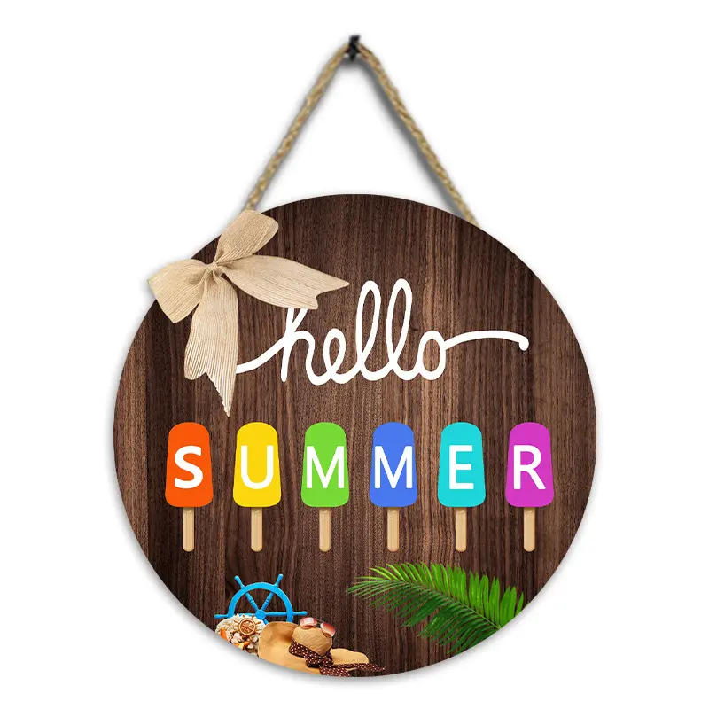 Summer Welcome Sign Front Door Decor Farmhouse Porch Decoration Round Wooden Hanging Sign For Home Beach Restaurant Shop