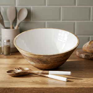 Bol en bois de couleur blanche, ensemble de cuillères et Folk de couleur blanche à l'intérieur - Product Image 2