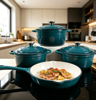 Set Peralatan Masak Enamel Cast Iron 4Pcs Dutch Oven Casserole Skillet Pan Gagang Ganda Aman untuk Oven Peralatan Masak Kustom OEM Set Panci Masak