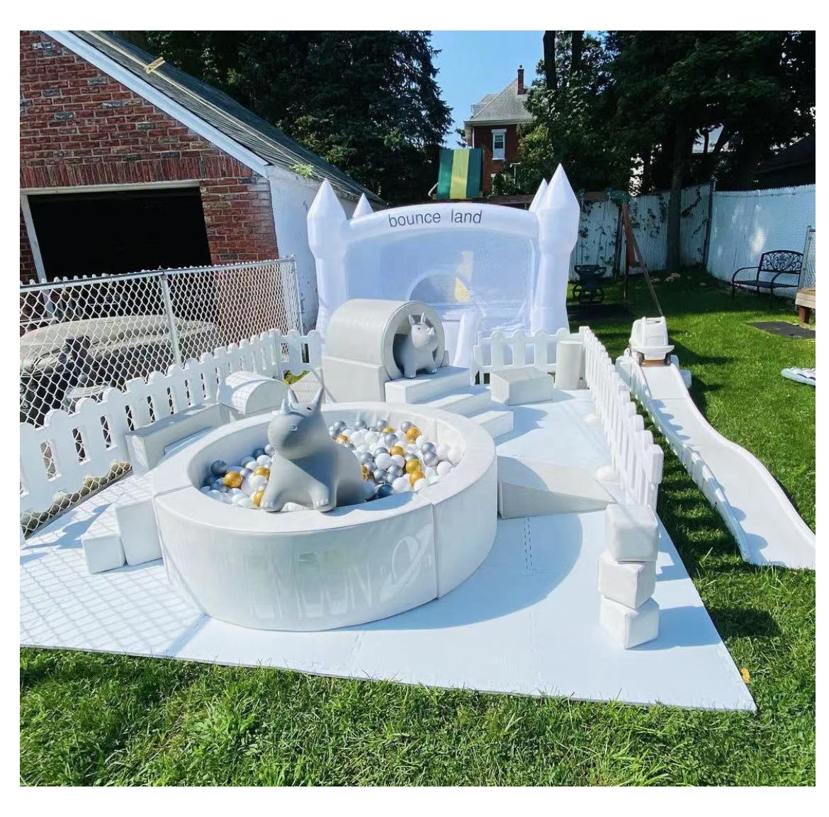 Kids white playground equipment inflatable soft play ball pool pit with slide