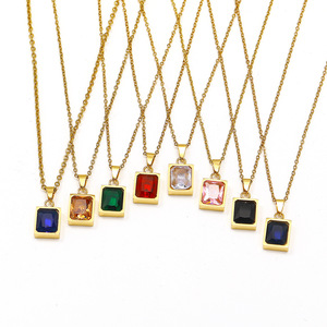 Collar Rectangular Económico con Colgante de Piedra de Nacimiento, Cadena Cubana de Acero Inoxidable Personalizada, Chapado en Oro de 18k para Hombre y Mujer R.GEM. - Product Image 3