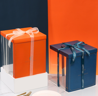 Boîte à gâteau d'anniversaire bleu marine orange 6 8 10 pouces 2 étages à deux niveaux Demi-transparente Fenêtre en PVC transparente Boîte d'emballage carrée pour gâteau