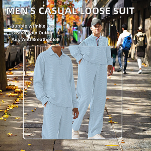 Conjunto de Camisa y Pantalones de Punto para Hombre, Estilo Casual, Cuello Solapa, Manga Corta, Transpirable, Textura Arrugada, Dos Piezas, Ropa de Calle para Verano - Product Image 2