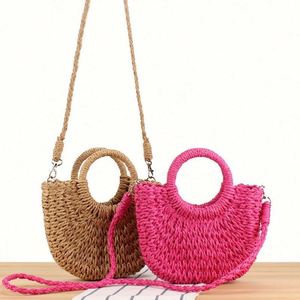 Wholesale National Style Half Round Woven Straw Beach Crossbody Bag with USB Portable for Women - Product Image 1