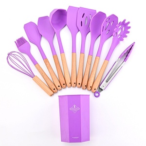 New Design Silicone Kitchen Utensils Set Cooking <b>Tools</b> Beech Wooden Handle Cooking Utensils Set with Holder - Product Image 1