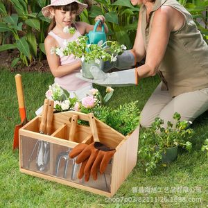 Wooden Garden Tool Storage Rack With Mesh Divider Portable <b>Vegetable</b> Basket Multi Purpose Storage Box For Outdoor Use - Product Image 2
