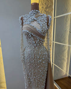 MD50100迷人的香槟高领美人鱼舞会礼服，奢华珍珠串珠和垂褶侧列，适合正式场合 - Product Image 2