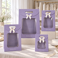 Sac en papier lavande personnalisé OEM ODM avec logo, fenêtre transparente, ruban, poignée découpée, emballage cadeau de luxe en carton pour fleurs
